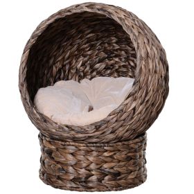 Simple Yet Practical Natural Braided Banana Leaf Elevated Cat Bed Basket With Cushion (Color: Coffee)