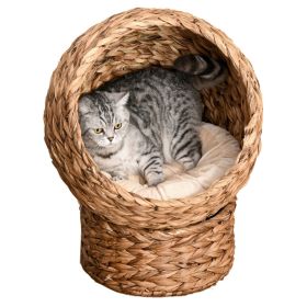 Simple Yet Practical Natural Braided Banana Leaf Elevated Cat Bed Basket With Cushion (Color: Brown)