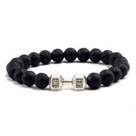 Natural Volcanic Stone Beads Bracelets Black Lava Men Women Bracelet Aromatherapy Essential Oil Diffuser Bangle (Purity: 17cm, Color: Volcanic Rock Silver Dumbbell)