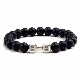 Natural Volcanic Stone Beads Bracelets Black Lava Men Women Bracelet Aromatherapy Essential Oil Diffuser Bangle (Purity: 19cm, Color: Black Matte Silver Dumbbell)